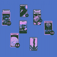 screenshot of game "xenograft", purple background and black cards
