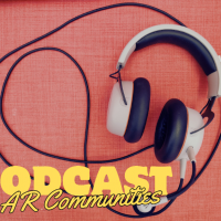 headphones with black cable, red background, yellow retro lettering "PODCAST AR Communities"