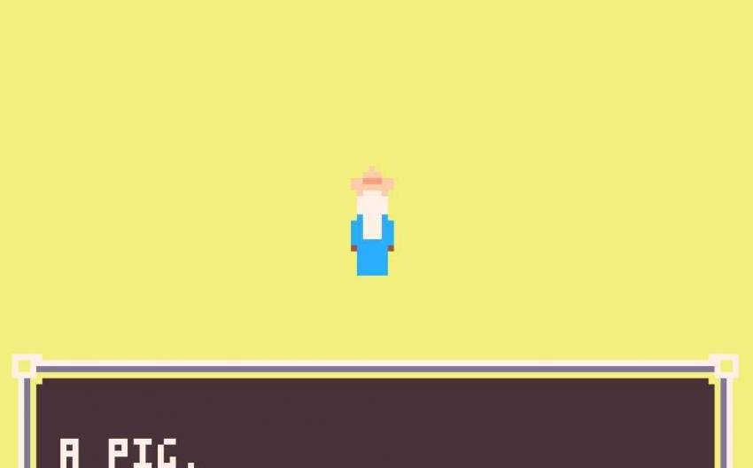 screenshot of game "eid", yellow background, two figures in the middle (human and pig), speeking bubble "a pig"