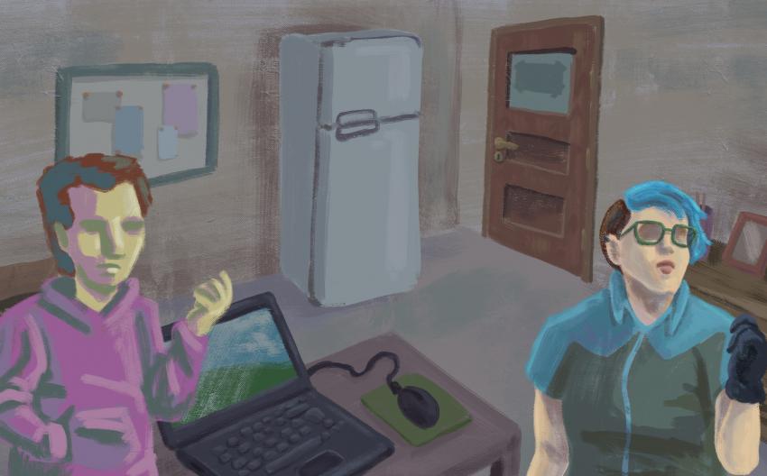 screenshot of game "when they fly", hand drawn room with two people in it