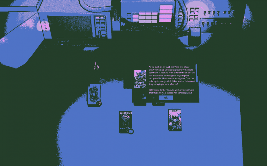 screenshot of game "xenograft", purple background and black cards