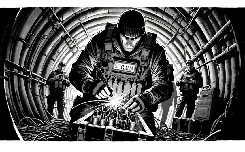 black-and-white comic-style image of a person in a tunnel operating with something that looks like a bomb