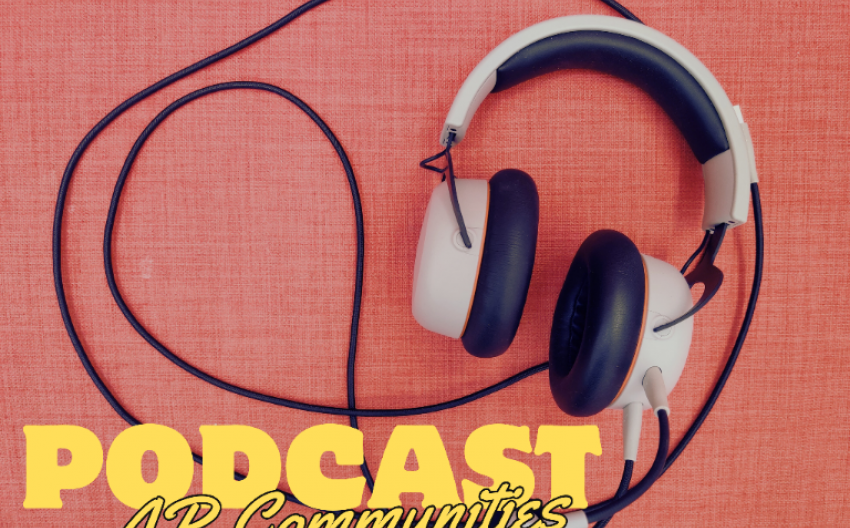 headphones with black cable, red background, yellow retro lettering "PODCAST AR Communities"