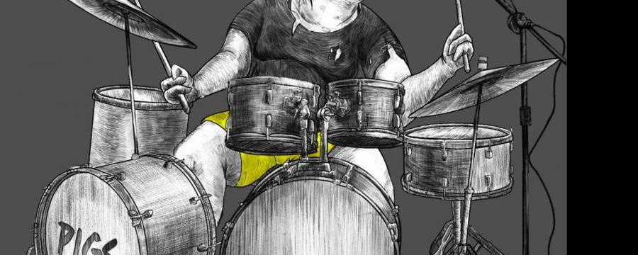 drawing of a pig at a drumset, yellow pants, rest in black and white